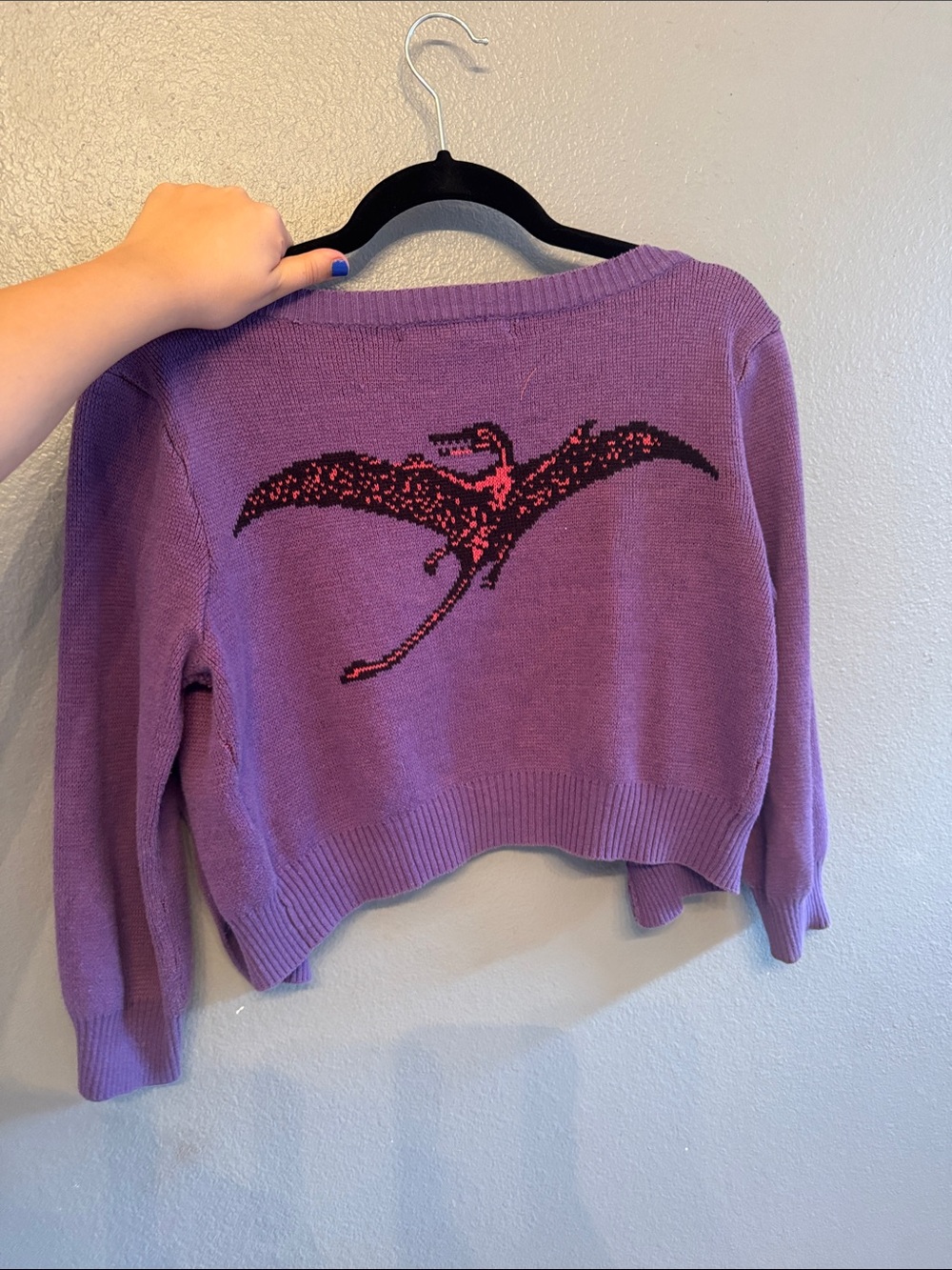 Betsey Johnson Purple Cropped Sweater with Red & Black Pterosaur Vintage
